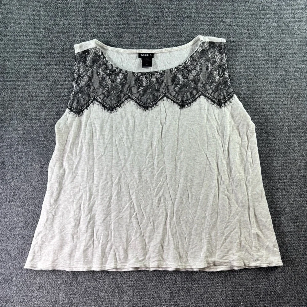 Torrid Tank Top Womens 0 L Oatmeal Black Lace Yoke Sleeveless Boho Eyelash Trim